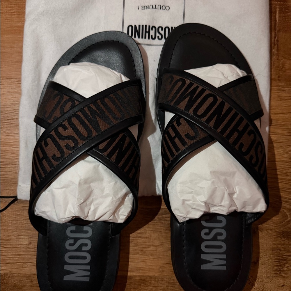 Moschino Black and Brown Logo Cross-Strap Slide Sandals